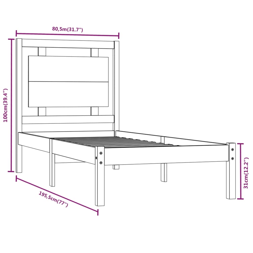 Cadru de pat mic single, negru, 75x190 cm, lemn masiv - Lando