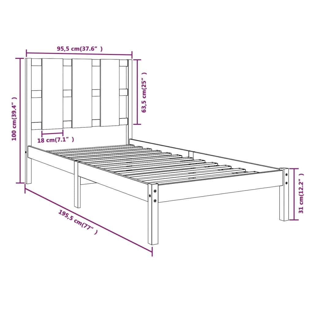 Cadru de pat single, negru, 90x190 cm, lemn masiv - Lando