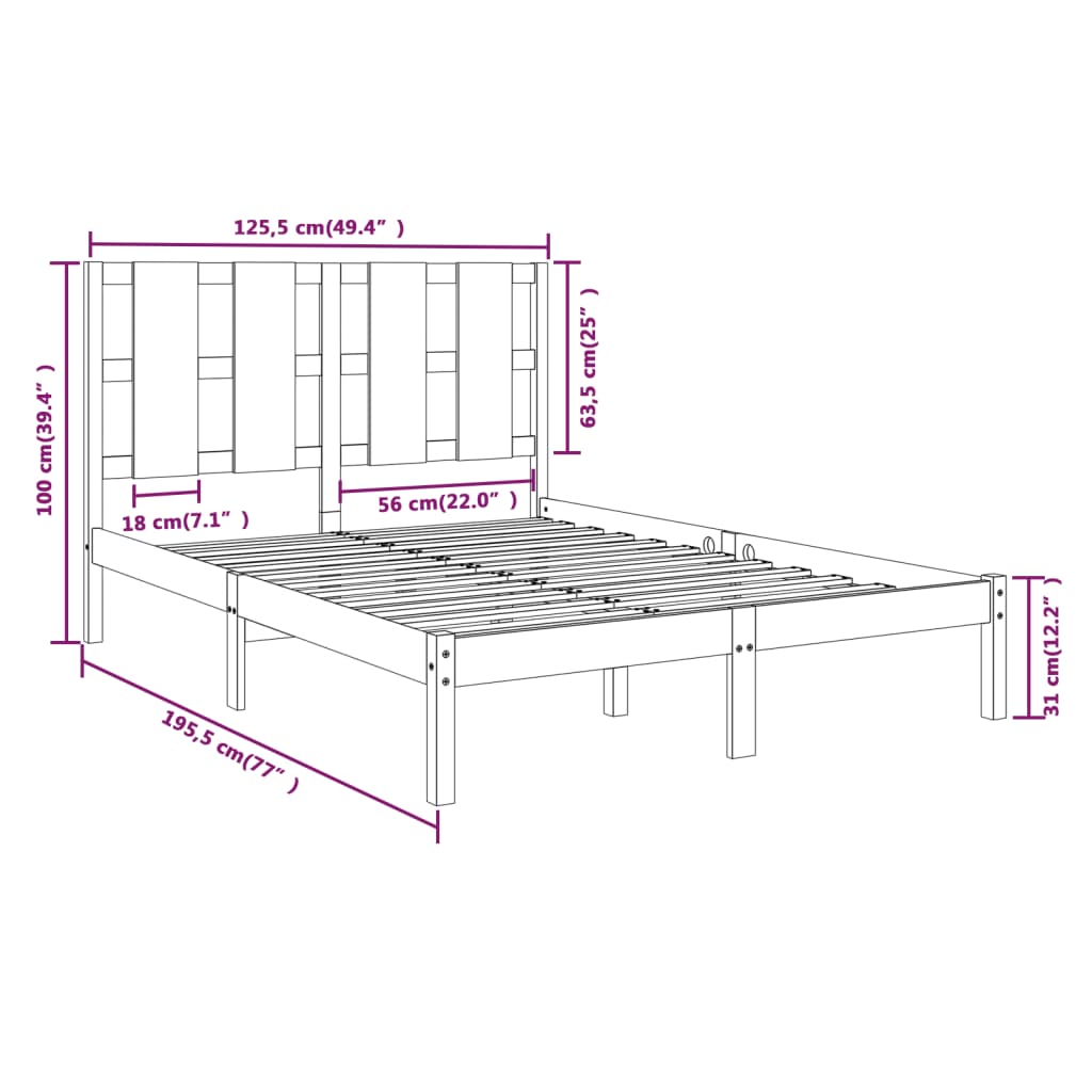 Cadru de pat mic dublu, alb, 120x190 cm, lemn masiv - Lando