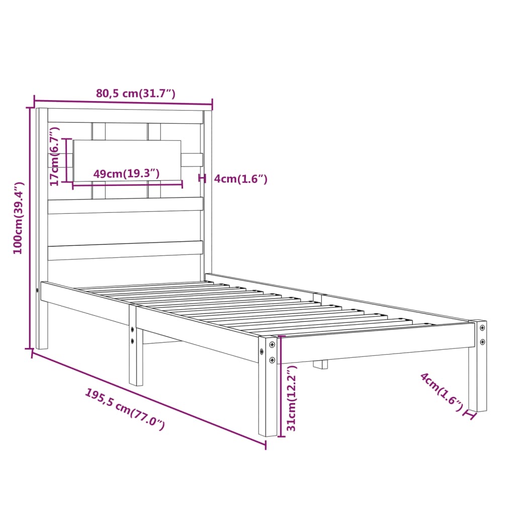 Cadru de pat mic single, 75x190 cm, lemn masiv - Lando