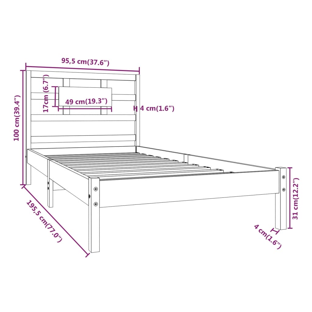 Cadru de pat single, alb, 90x190 cm, lemn masiv - Lando