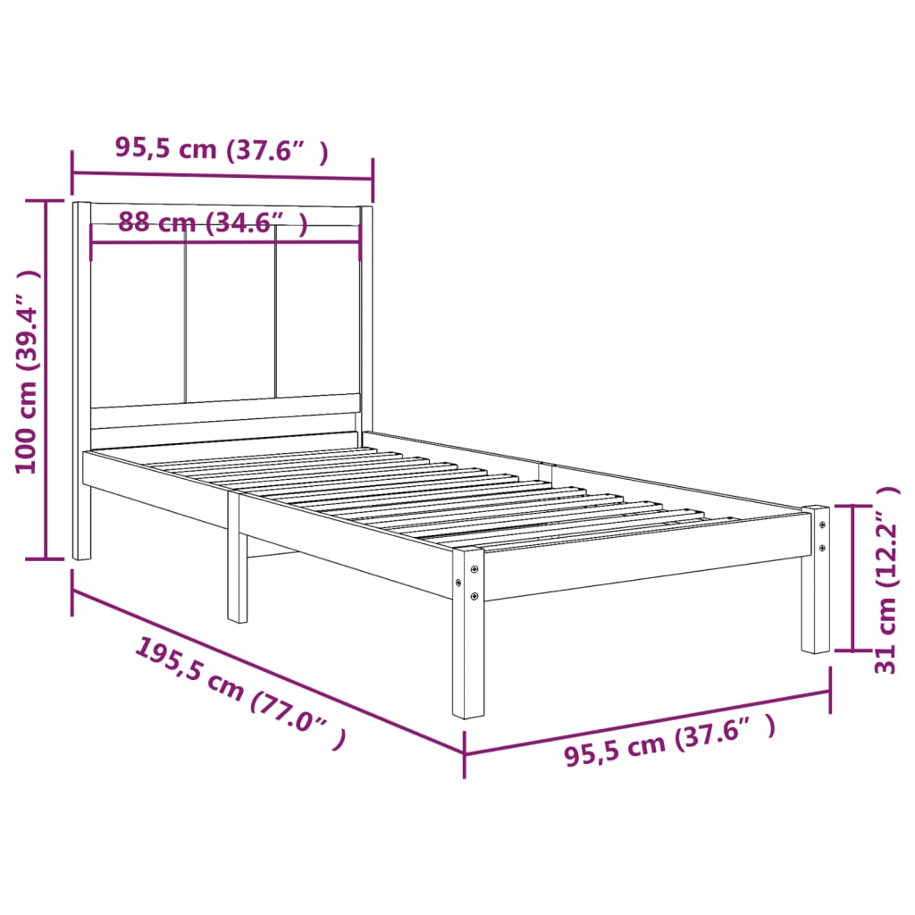 Cadru de pat single, negru, 90x190 cm, lemn masiv de pin - Lando