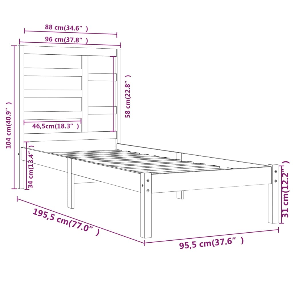 Cadru de pat single, 90x190 cm, lemn masiv - Lando