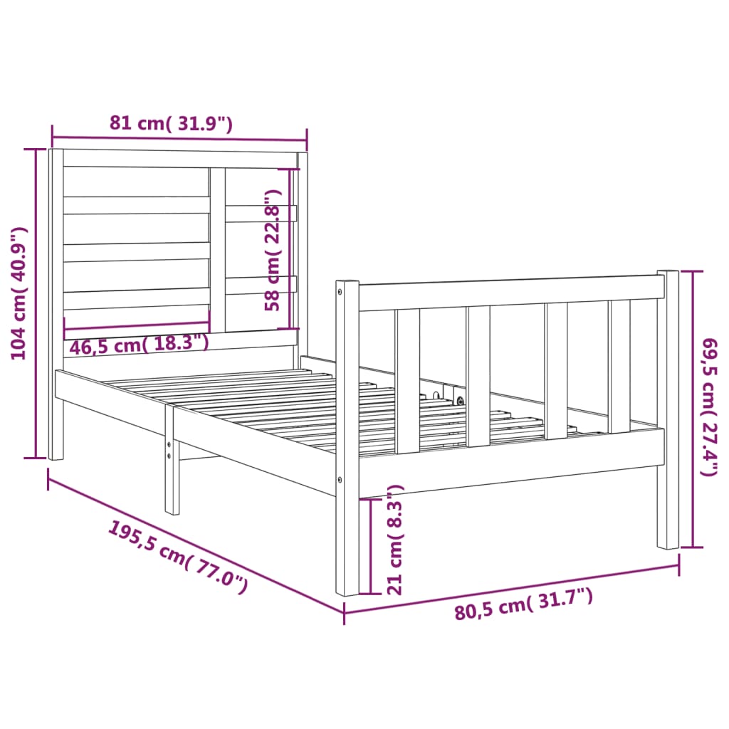 Cadru de pat mic single, 75x190 cm, lemn masiv - Lando