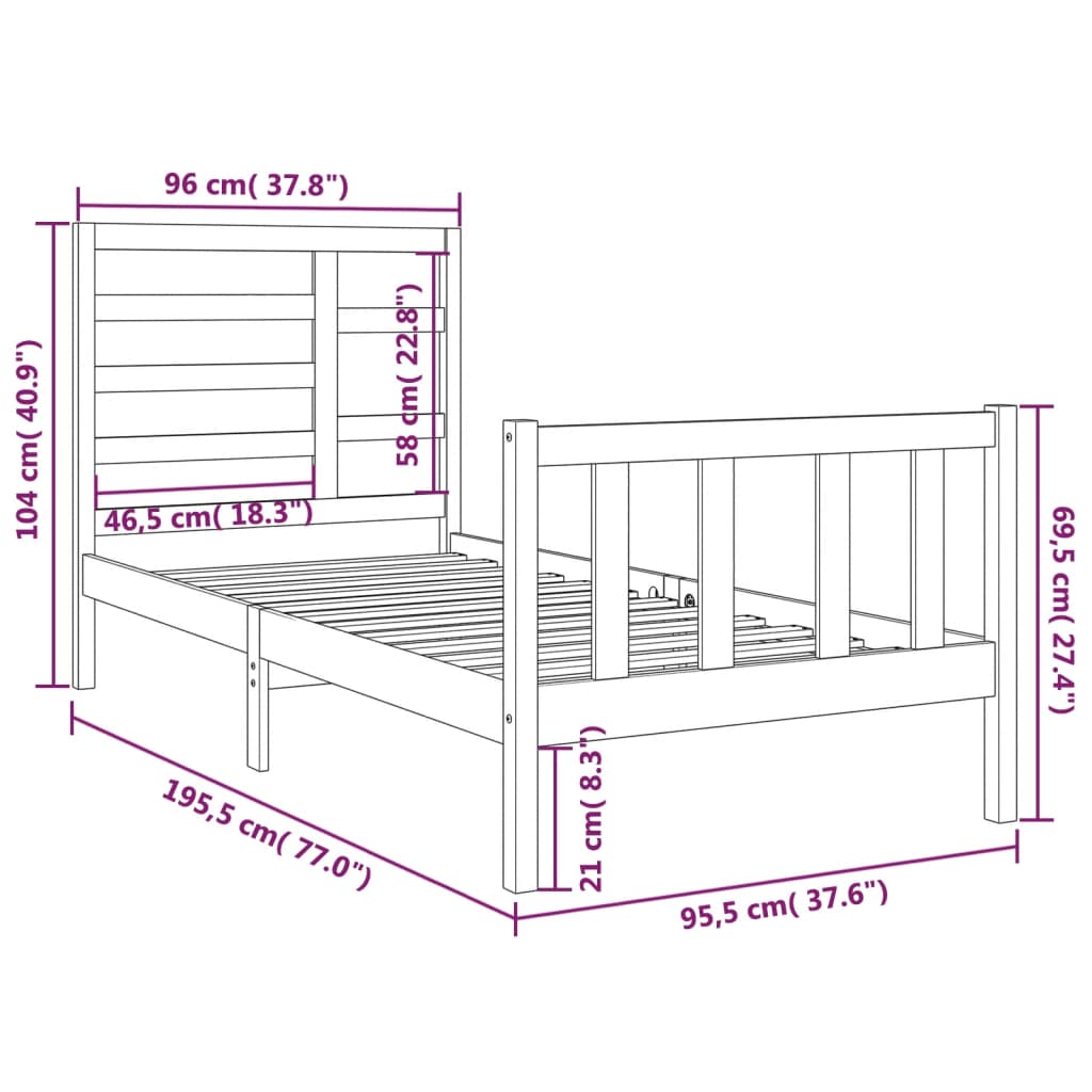 Cadru de pat single, 90x190 cm, lemn masiv - Lando