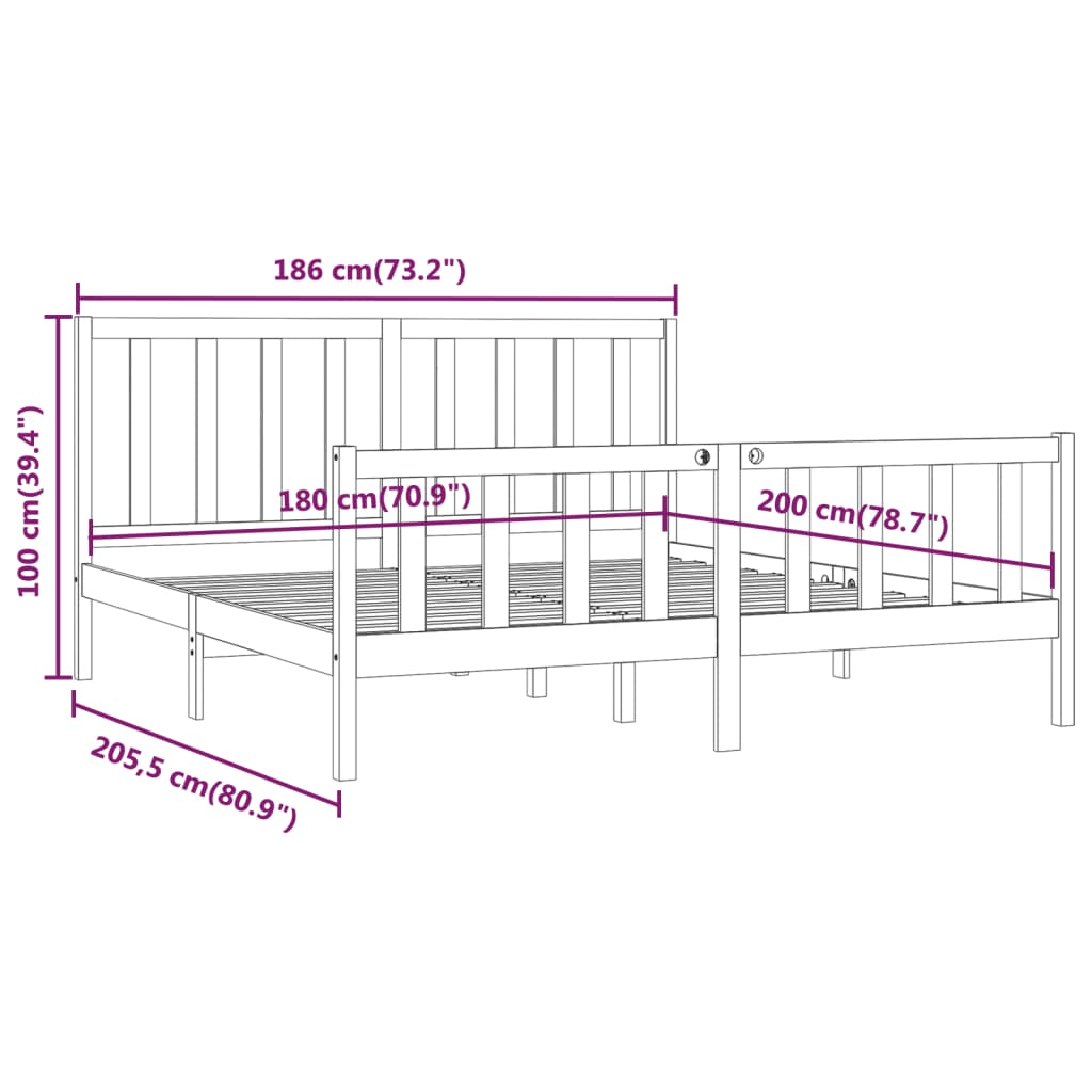 Cadru de pat Super King, negru, 180x200 cm, lemn masiv - Lando