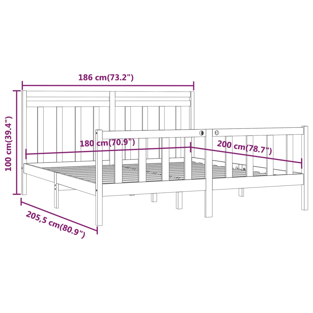 Cadru de pat Super King, negru, 180x200 cm, lemn masiv de pin - Lando