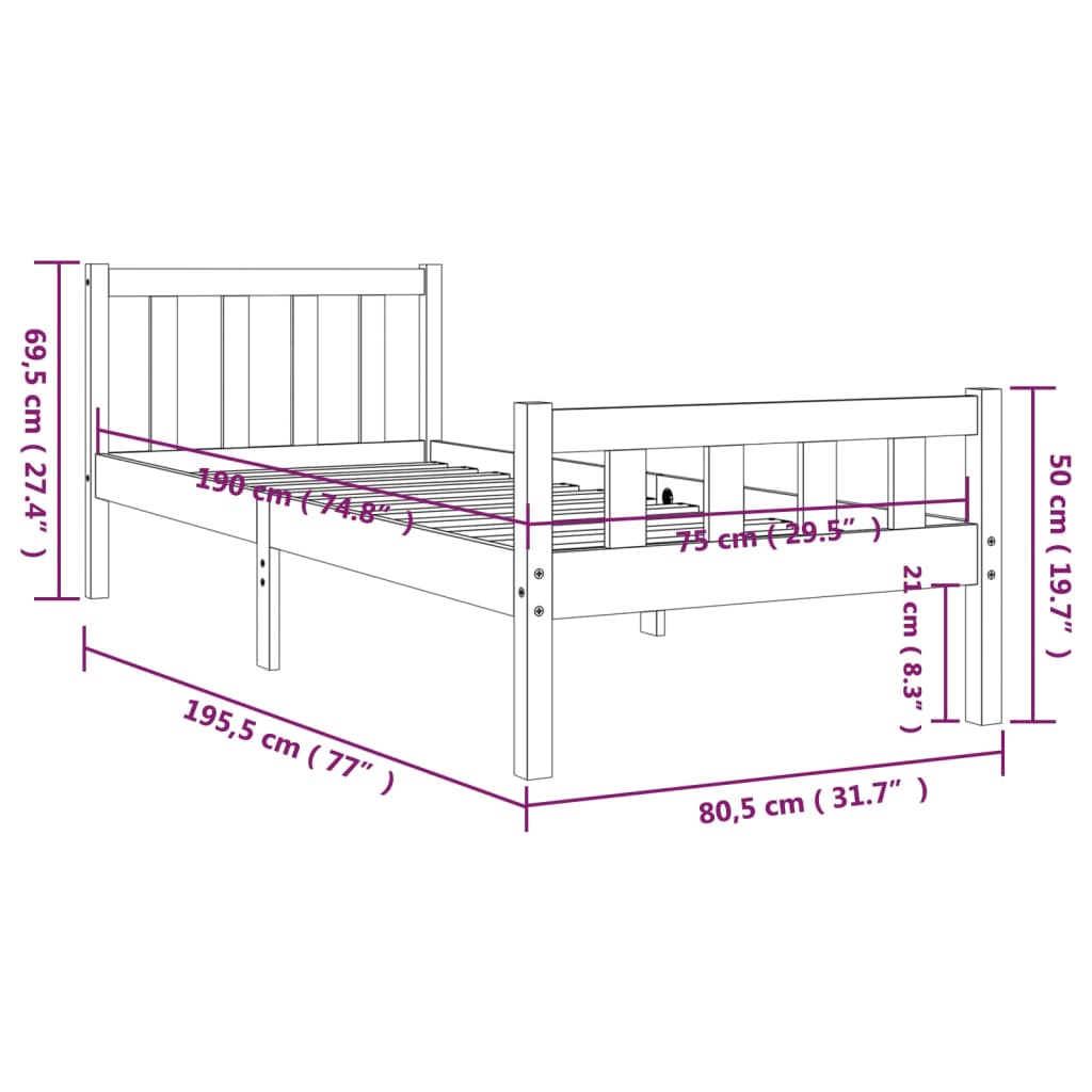 Cadru de pat mic single, 75x190 cm, lemn masiv - Lando