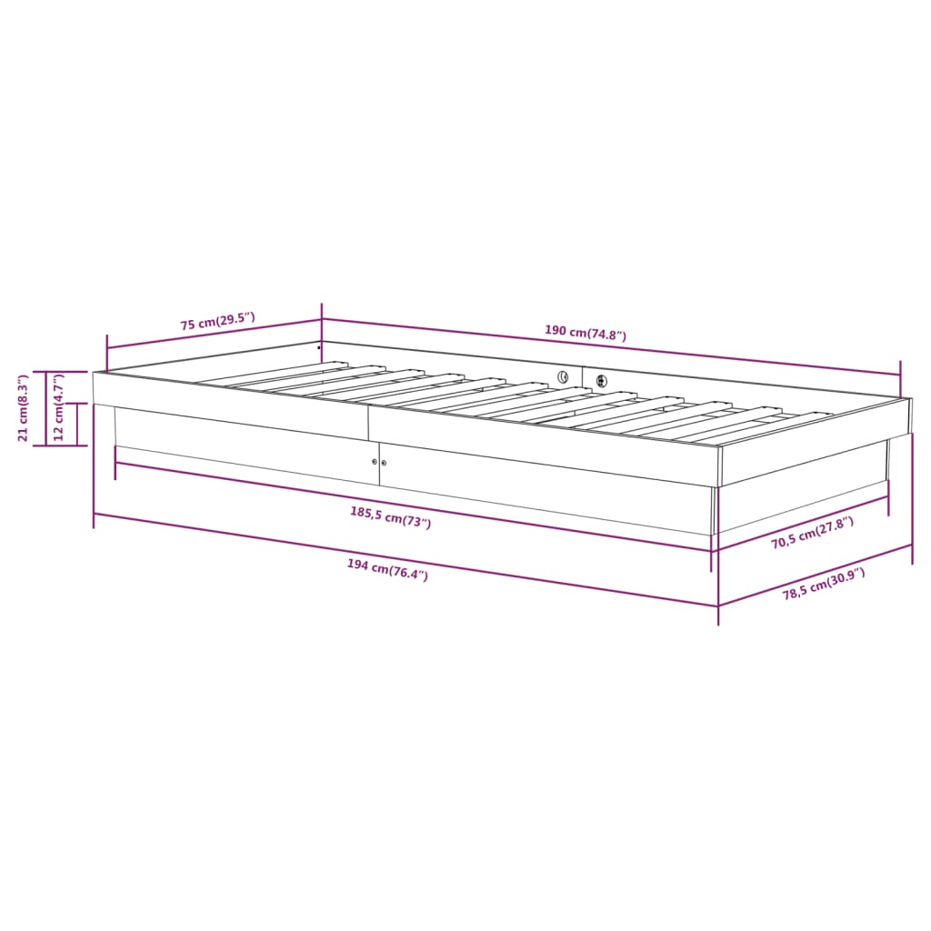 Cadru de pat mic single, gri, 75x190 cm, lemn masiv - Lando