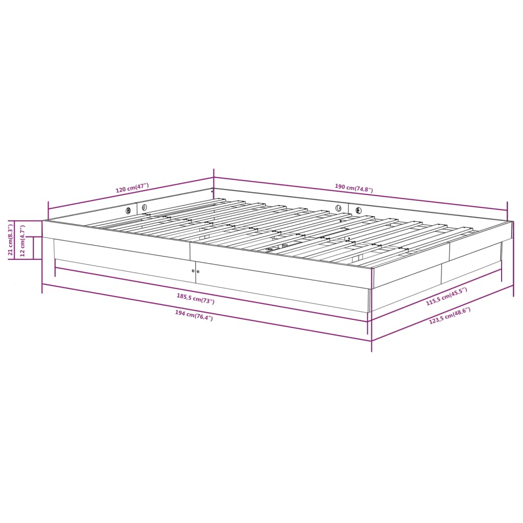 Cadru de pat mic dublu, gri, 120x190 cm, lemn masiv - Lando