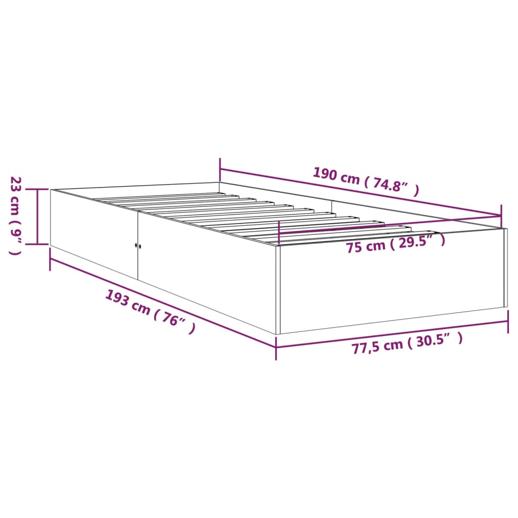 Cadru de pat mic single, alb, 75x190 cm, lemn masiv - Lando