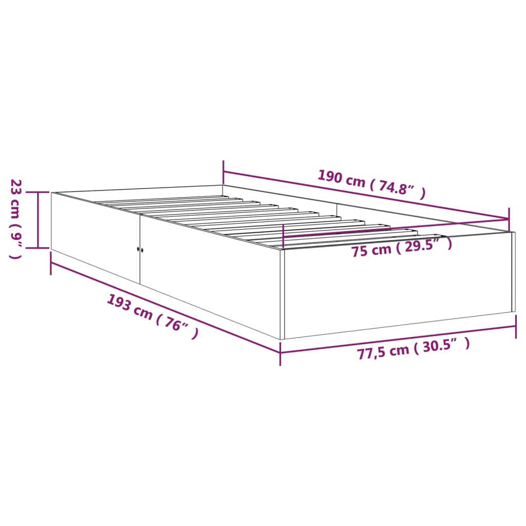 Cadru de pat mic single, negru, 75x190 cm, lemn masiv - Lando