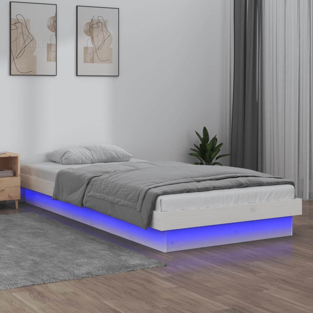 Cadru de pat cu LED, alb, 90x200 cm, lemn masiv - Lando
