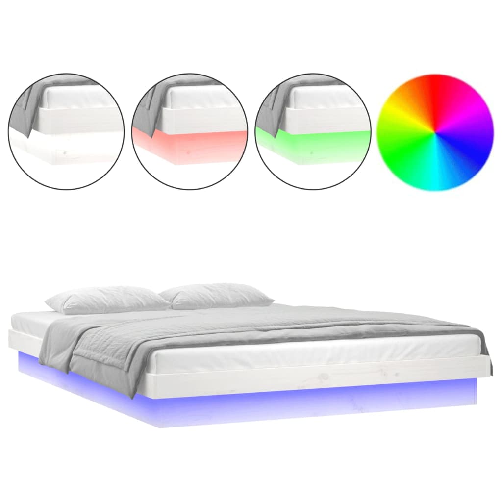 Cadru de pat cu LED, alb, 140x200 cm, lemn masiv - Lando