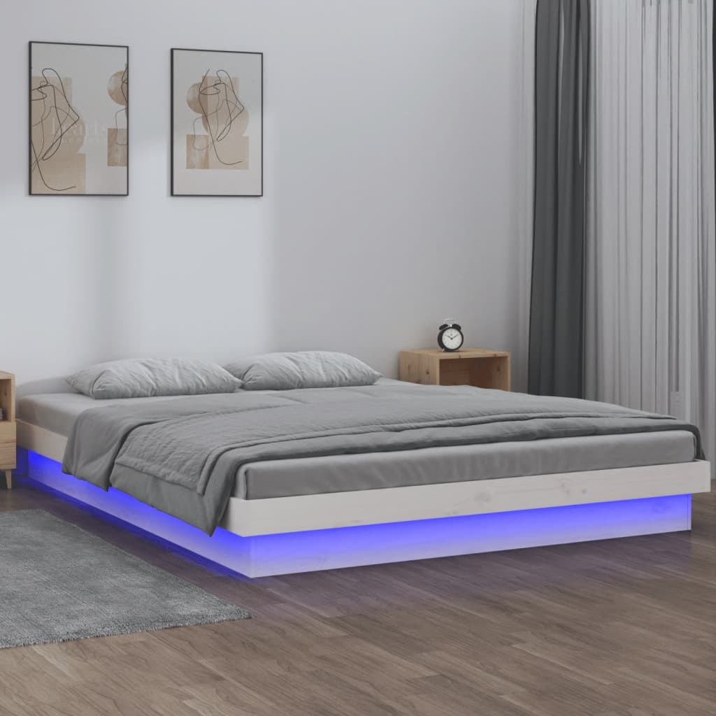 Cadru de pat cu LED King Size 5FT, alb, 150x200 cm, lemn masiv - Lando