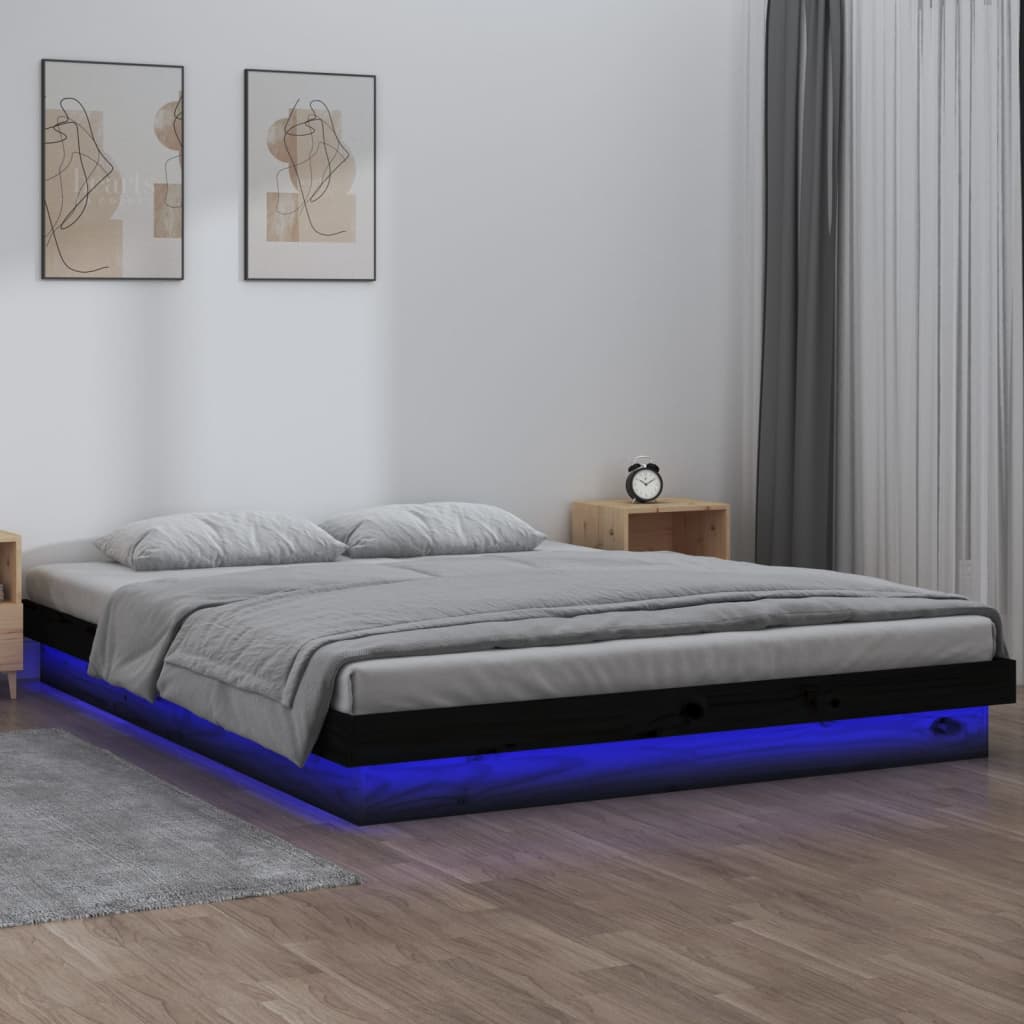 Cadru pat LED King Size, negru, 150x200 cm, lemn masiv - Lando