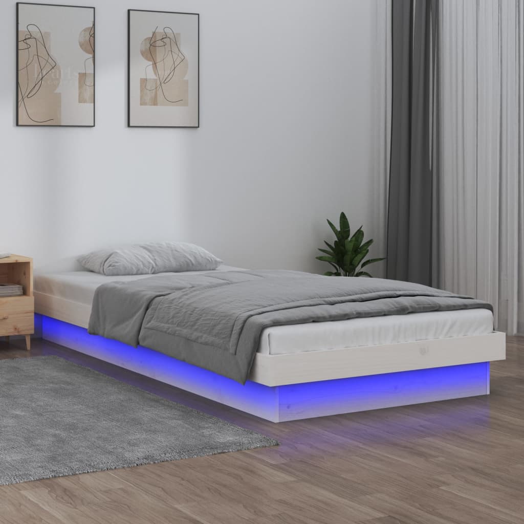 Cadru de pat cu LED mic single 2FT6, alb, 75x190 cm, lemn masiv - Lando
