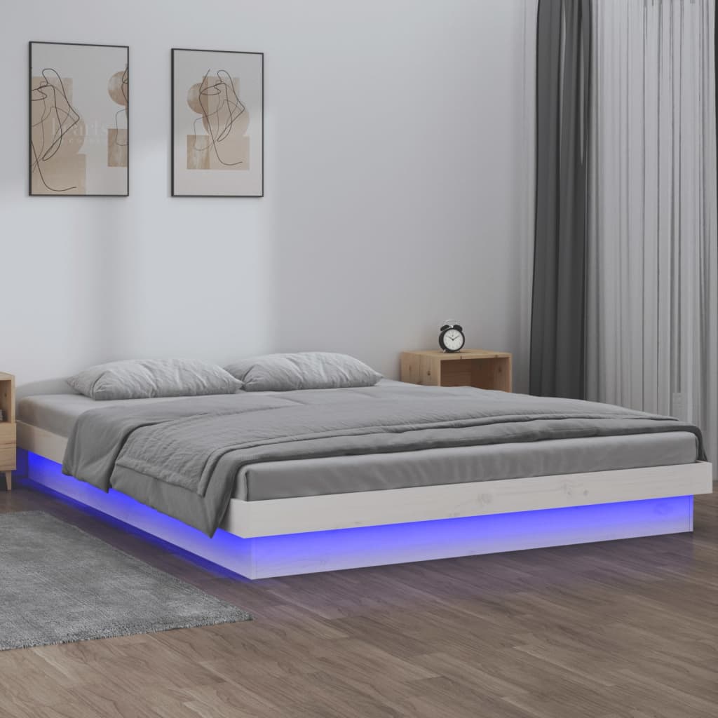 Cadru de pat cu LED, dublu, alb, 135x190 cm, lemn masiv - Lando