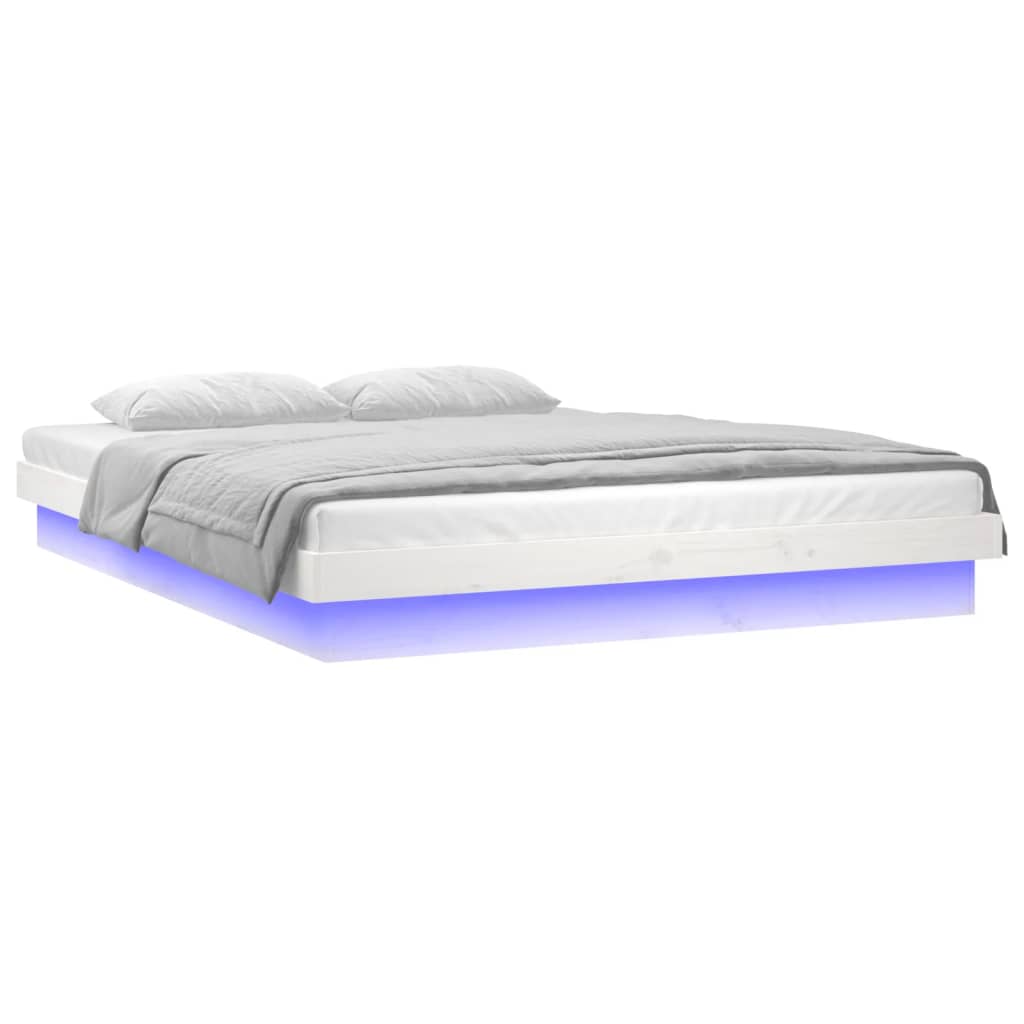 Cadru de pat cu LED, alb, 140x190 cm, lemn masiv - Lando