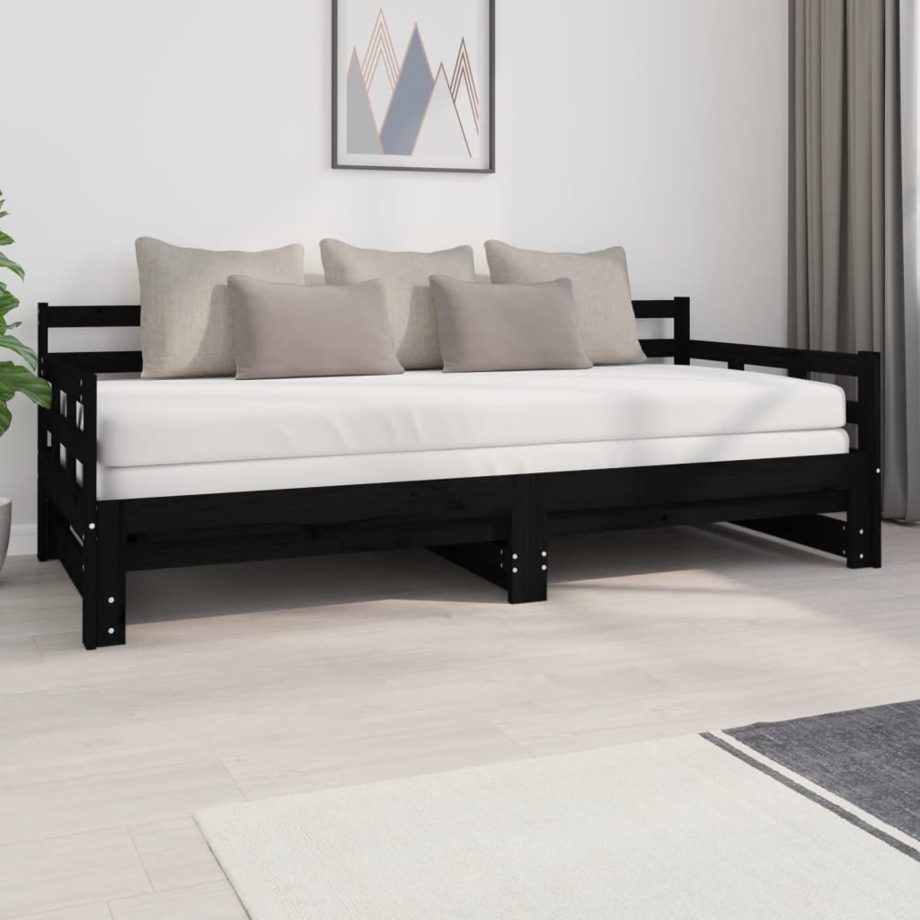 Pat de zi extensibil, negru, 2x(90x200) cm, lemn masiv de pin - Lando