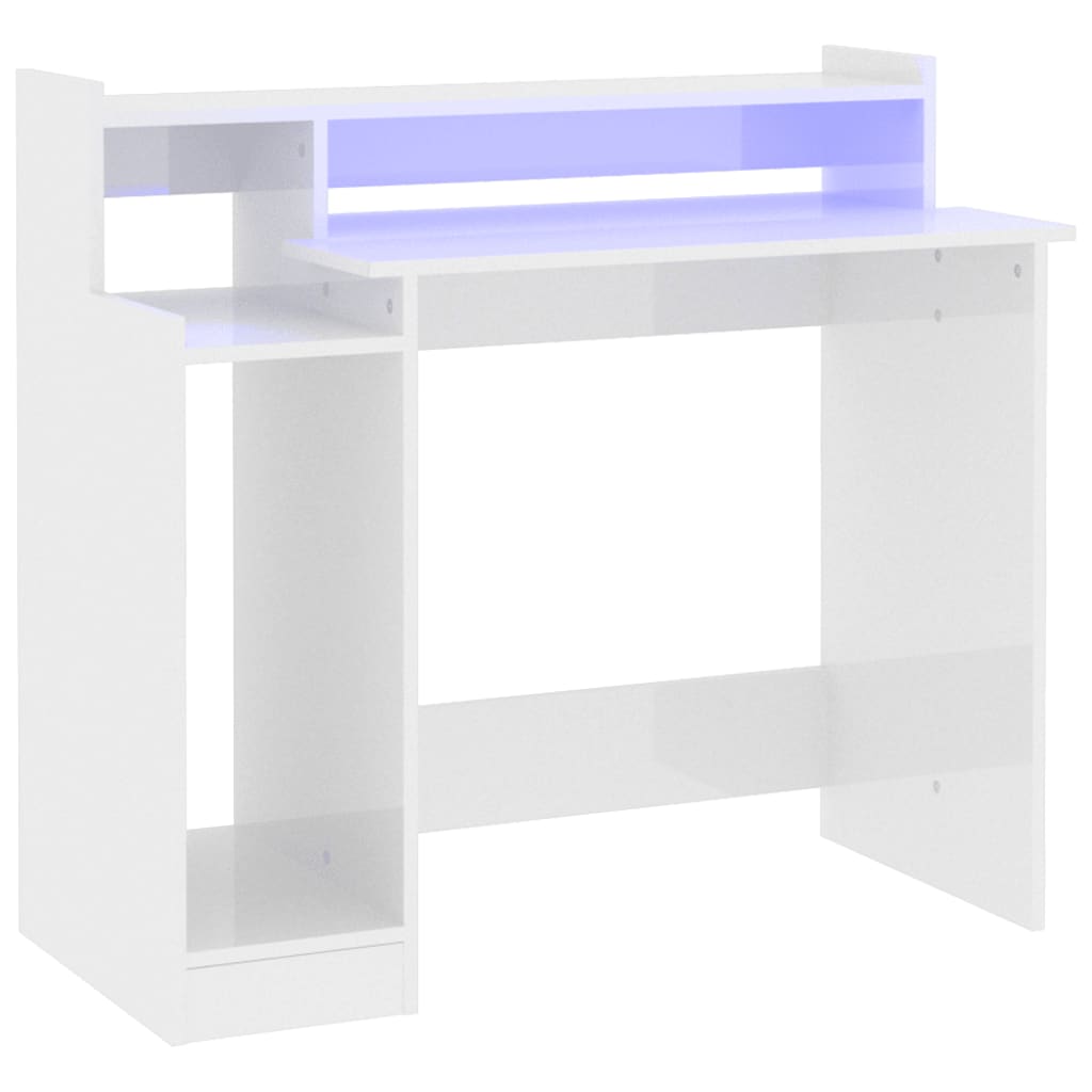 Birou cu lumini LED alb extralucios 97x90x45 cm lemn compozit - Lando