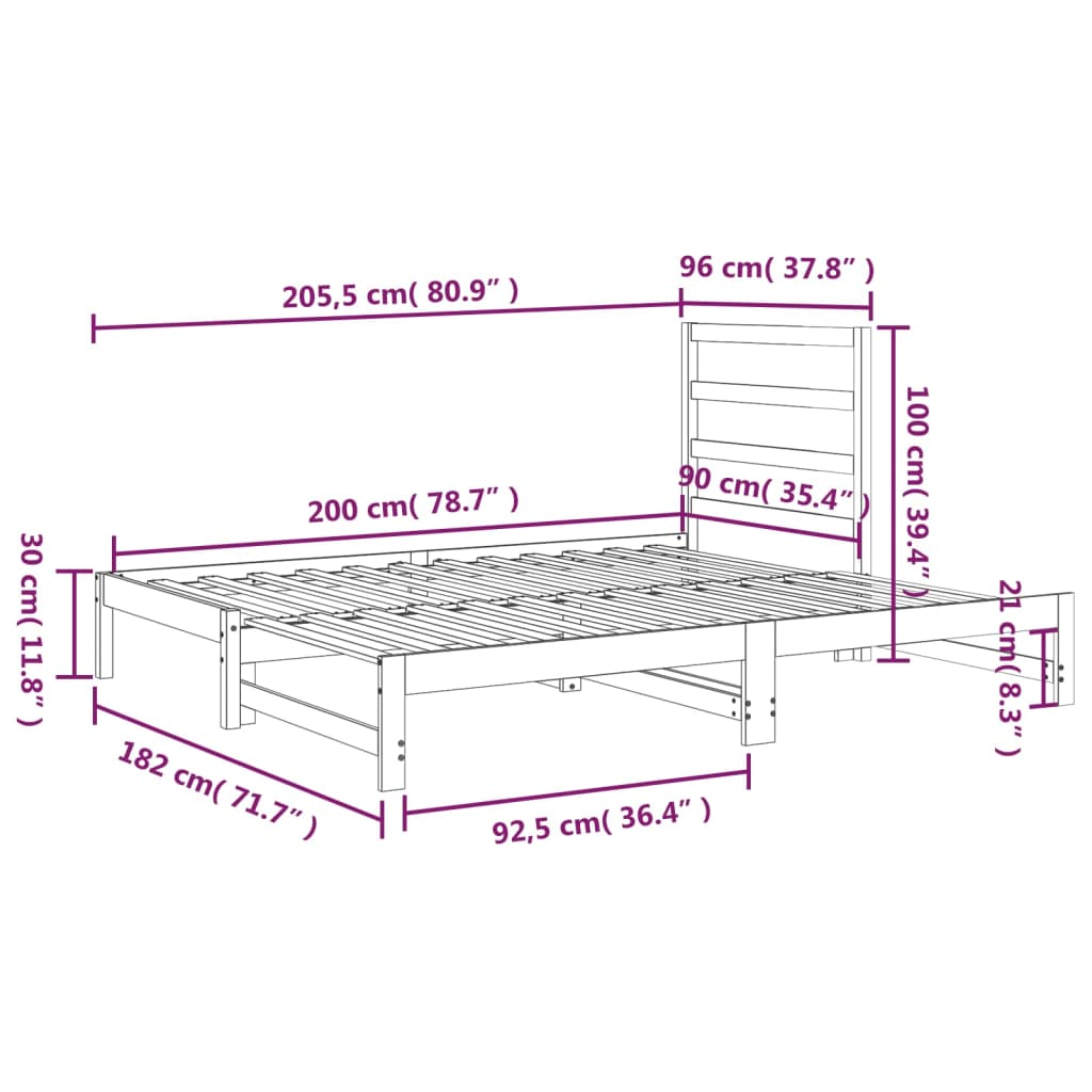 Pat de zi extensibil, negru, 2x(90x200) cm, lemn masiv de pin - Lando