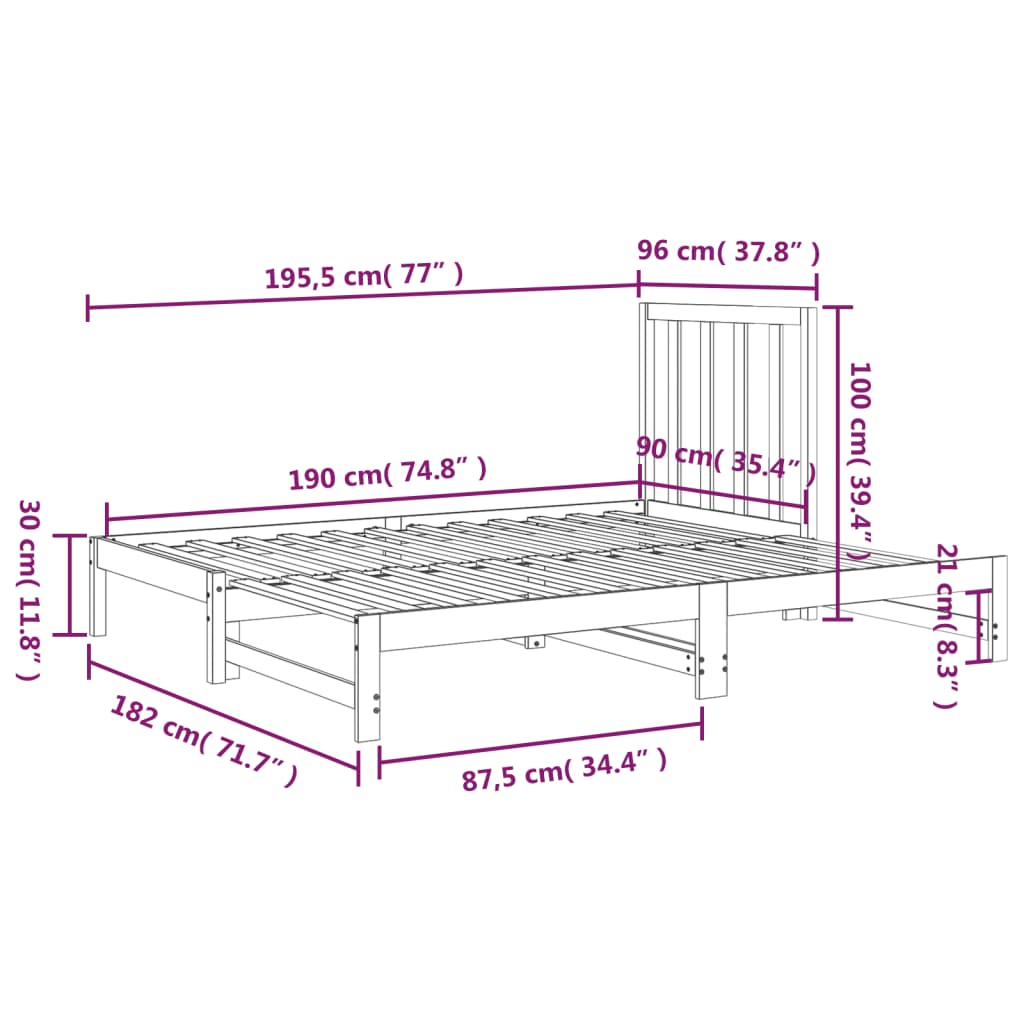 Pat de zi extensibil, gri, 2x(90x190) cm, lemn masiv de pin - Lando