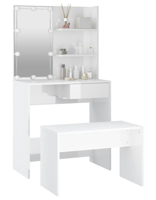 Încărcați imaginea în vizualizatorul Galerie, Set măsuță de toaletă cu LED, alb extralucios, lemn prelucrat - Lando

