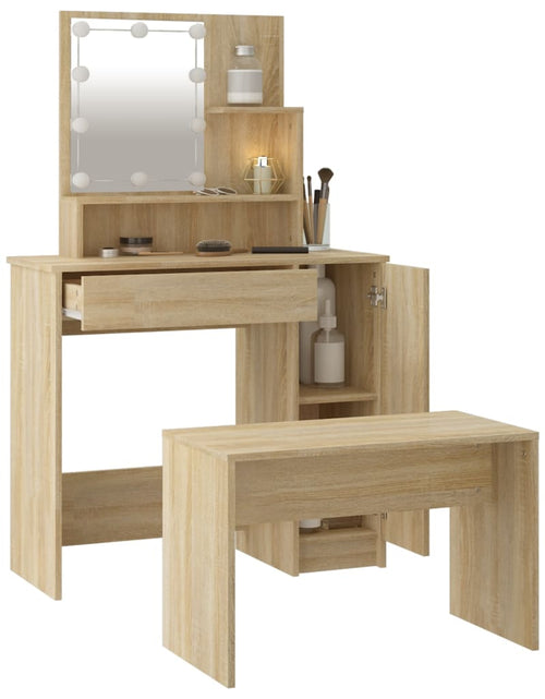 Încărcați imaginea în vizualizatorul Galerie, Set de măsuță de toaletă cu LED, stejar sonoma, lemn prelucrat - Lando
