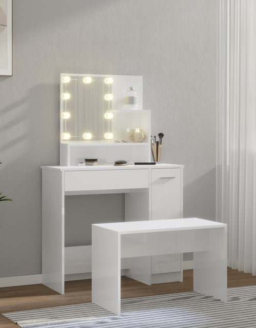 Загрузите изображение в средство просмотра галереи, Set măsuță de toaletă cu LED, alb extralucios, lemn prelucrat - Lando
