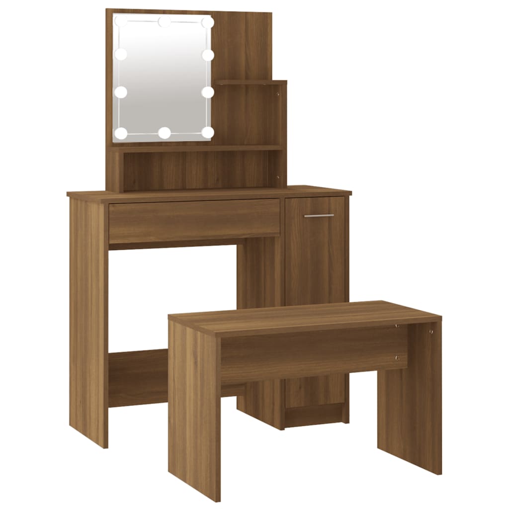 Set de masă de toaletă cu LED, stejar maro, lemn prelucrat - Lando