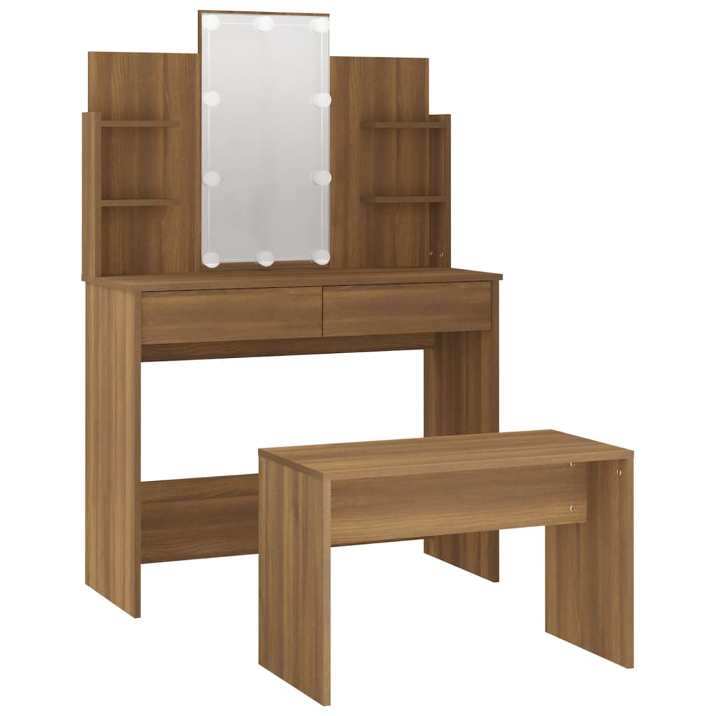 Set de masă de toaletă cu LED, stejar maro, lemn prelucrat - Lando