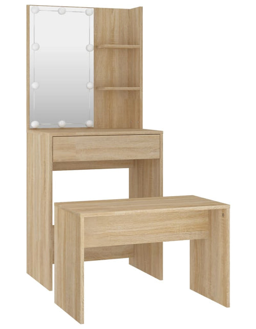 Încărcați imaginea în vizualizatorul Galerie, Set de măsuță de toaletă cu LED, stejar sonoma, lemn prelucrat - Lando

