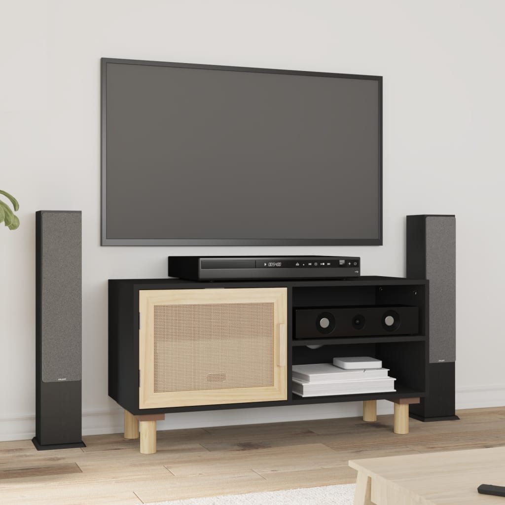 Comodă TV, negru, 80x30x40 cm, lemn masiv pin și ratan natural Lando - Lando