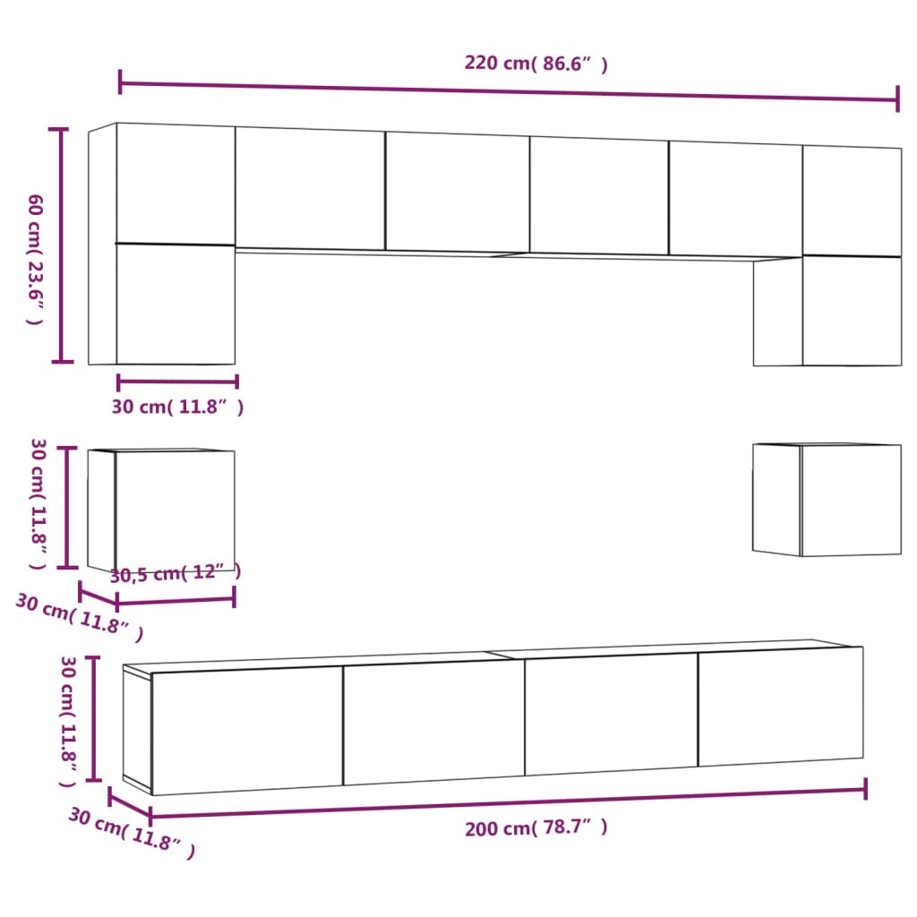 Set dulap TV, 8 piese, gri beton, lemn prelucrat Lando - Lando