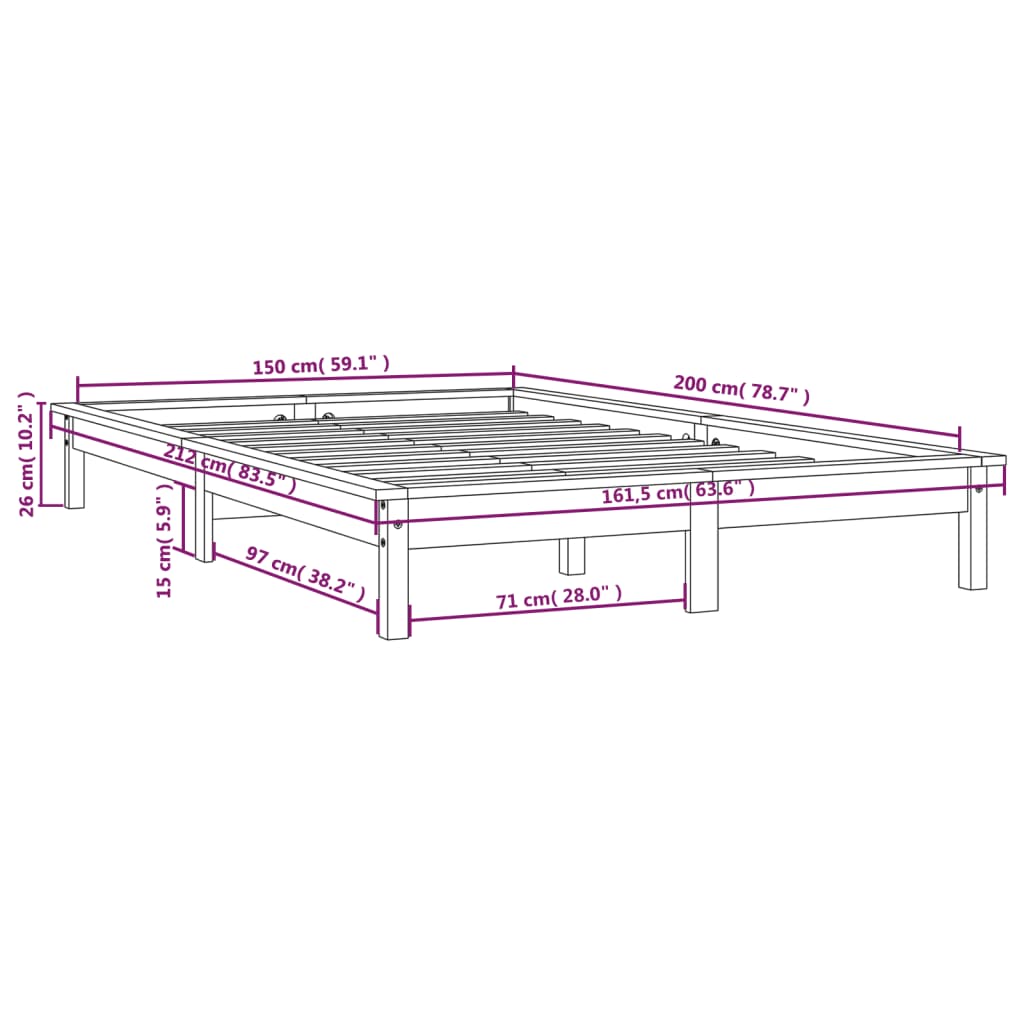 Cadru de pat King Size 5FT, gri, 150x200 cm, lemn masiv de pin - Lando