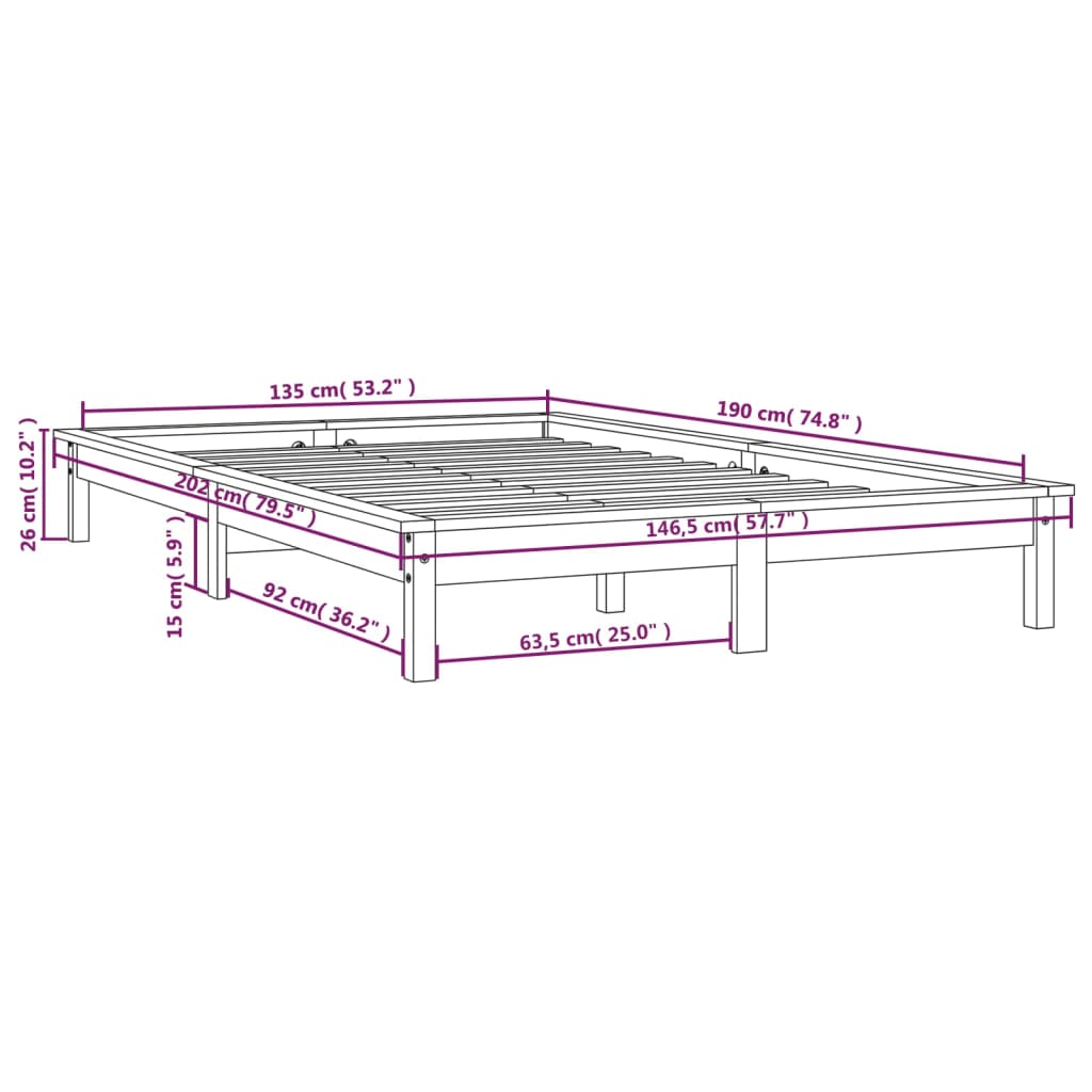 Cadru de pat dublu, alb, 135x190 cm, lemn masiv de pin - Lando