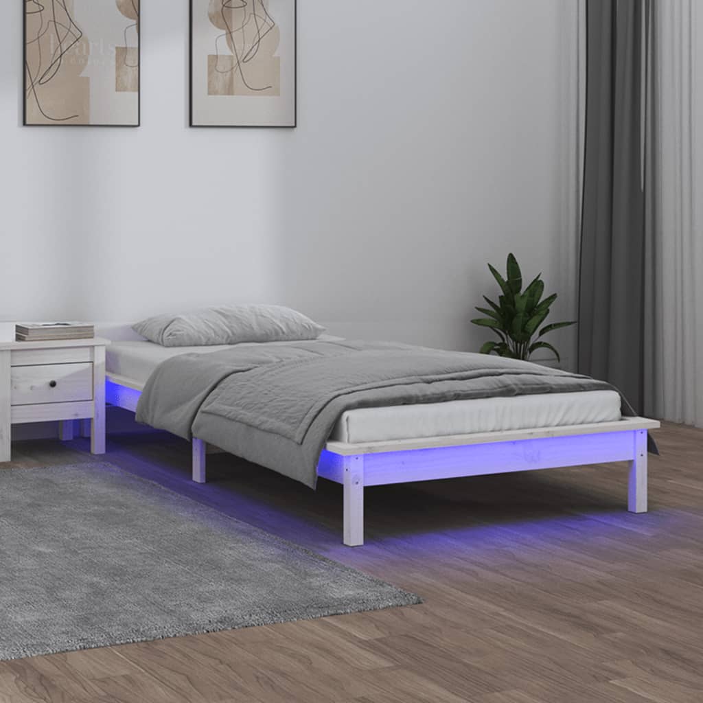 Cadru de pat cu LED, alb, 100x200 cm, lemn masiv - Lando