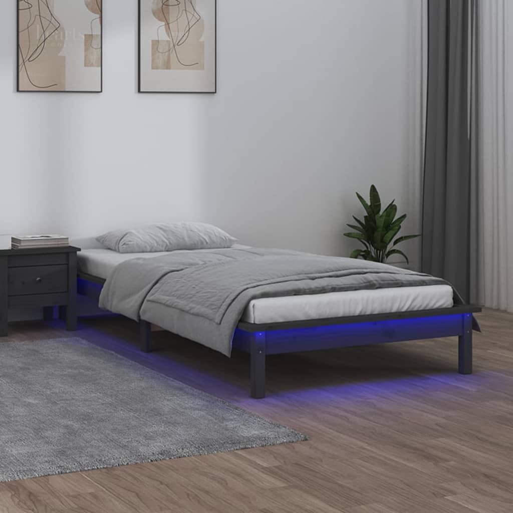 Cadru de pat cu LED, gri, 100x200 cm, lemn masiv - Lando