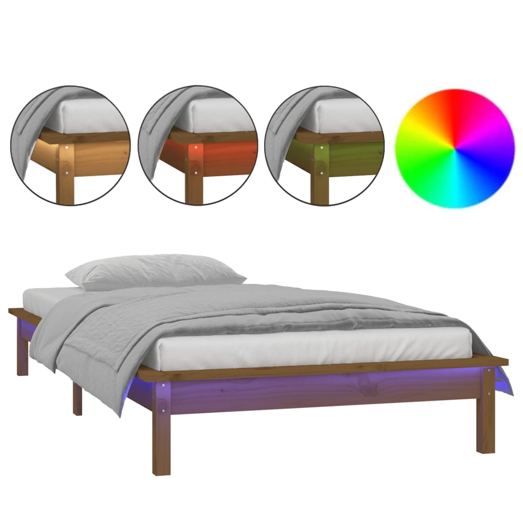 Cadru de pat cu LED, maro miere, 100x200 cm, lemn masiv - Lando
