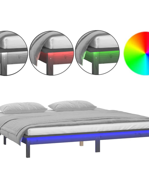 Загрузите изображение в средство просмотра галереи, Cadru de pat cu LED, gri, 120x200 cm, lemn masiv - Lando
