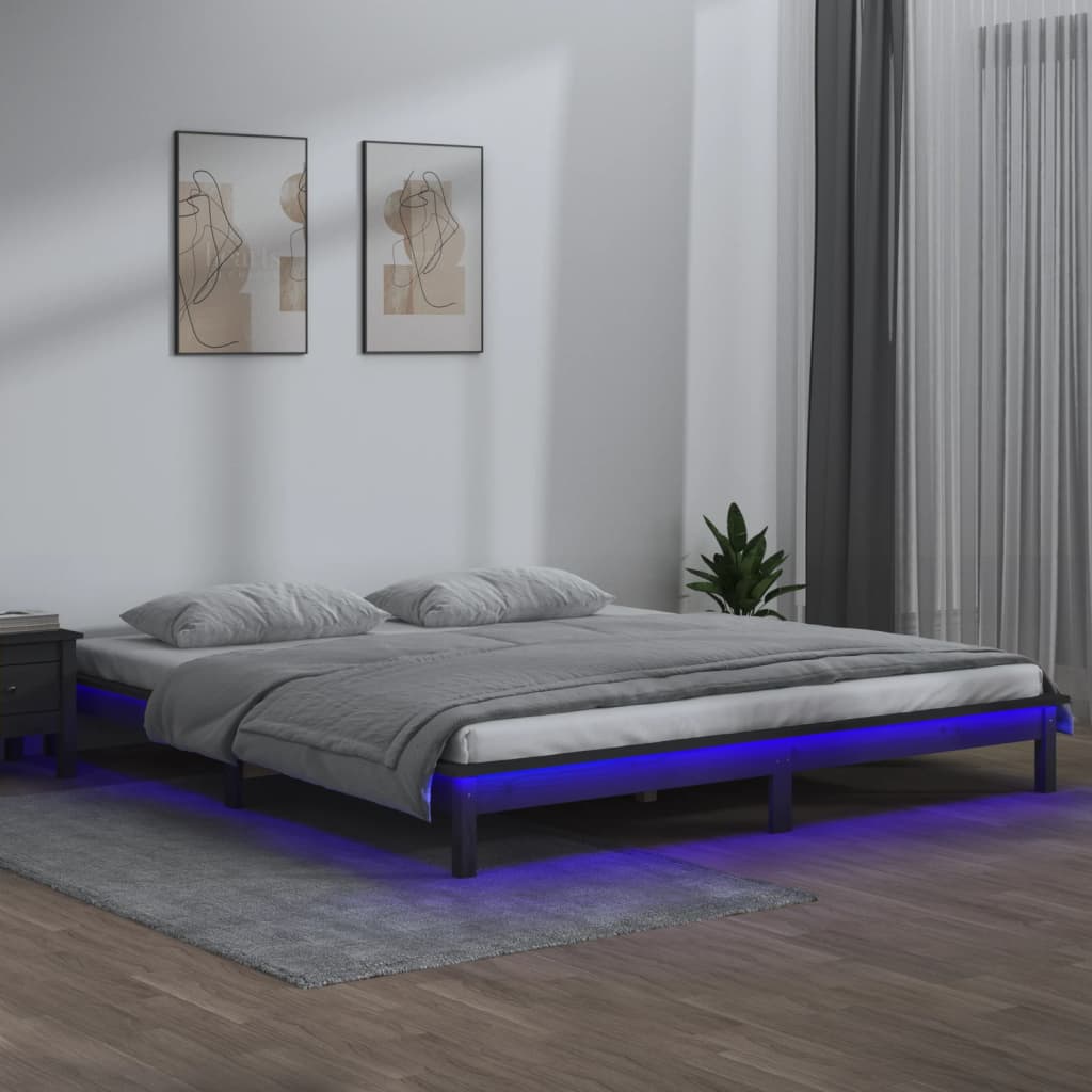 Cadru de pat cu LED, gri, 120x200 cm, lemn masiv - Lando