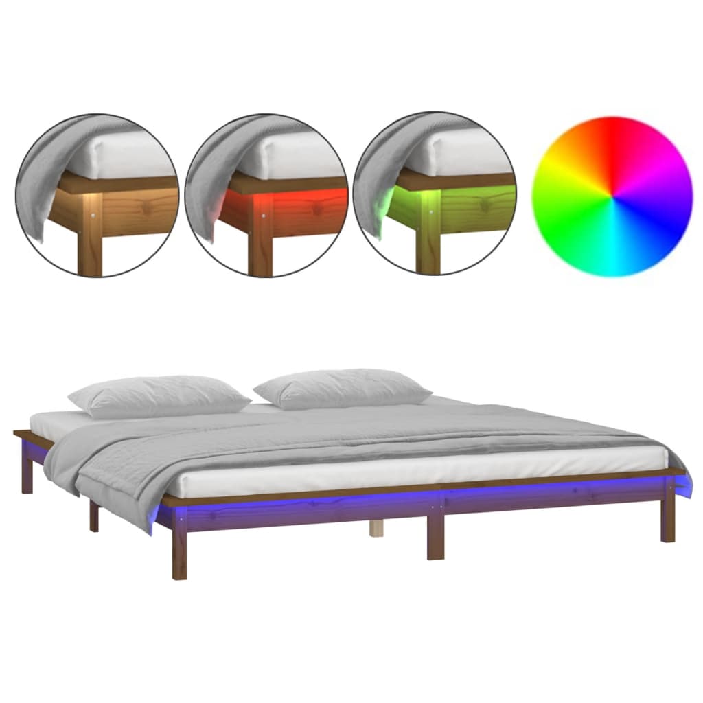 Cadru de pat cu LED, maro miere, 140x200 cm, lemn masiv - Lando