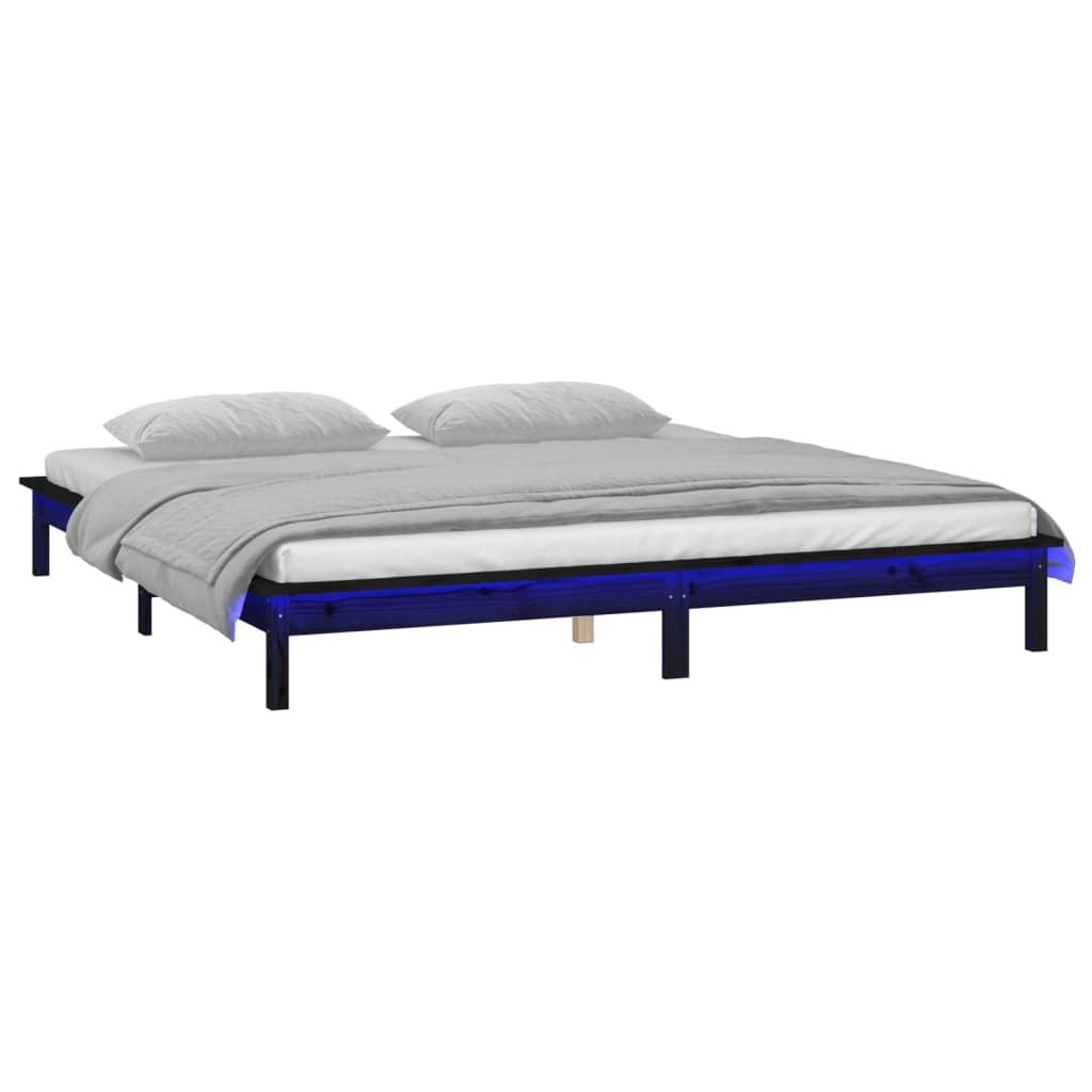 Cadru pat LED King Size, negru, 150x200 cm, lemn masiv - Lando