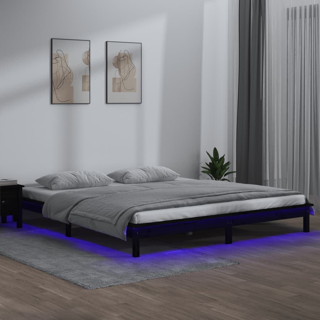 Cadru pat LED King Size, negru, 150x200 cm, lemn masiv - Lando