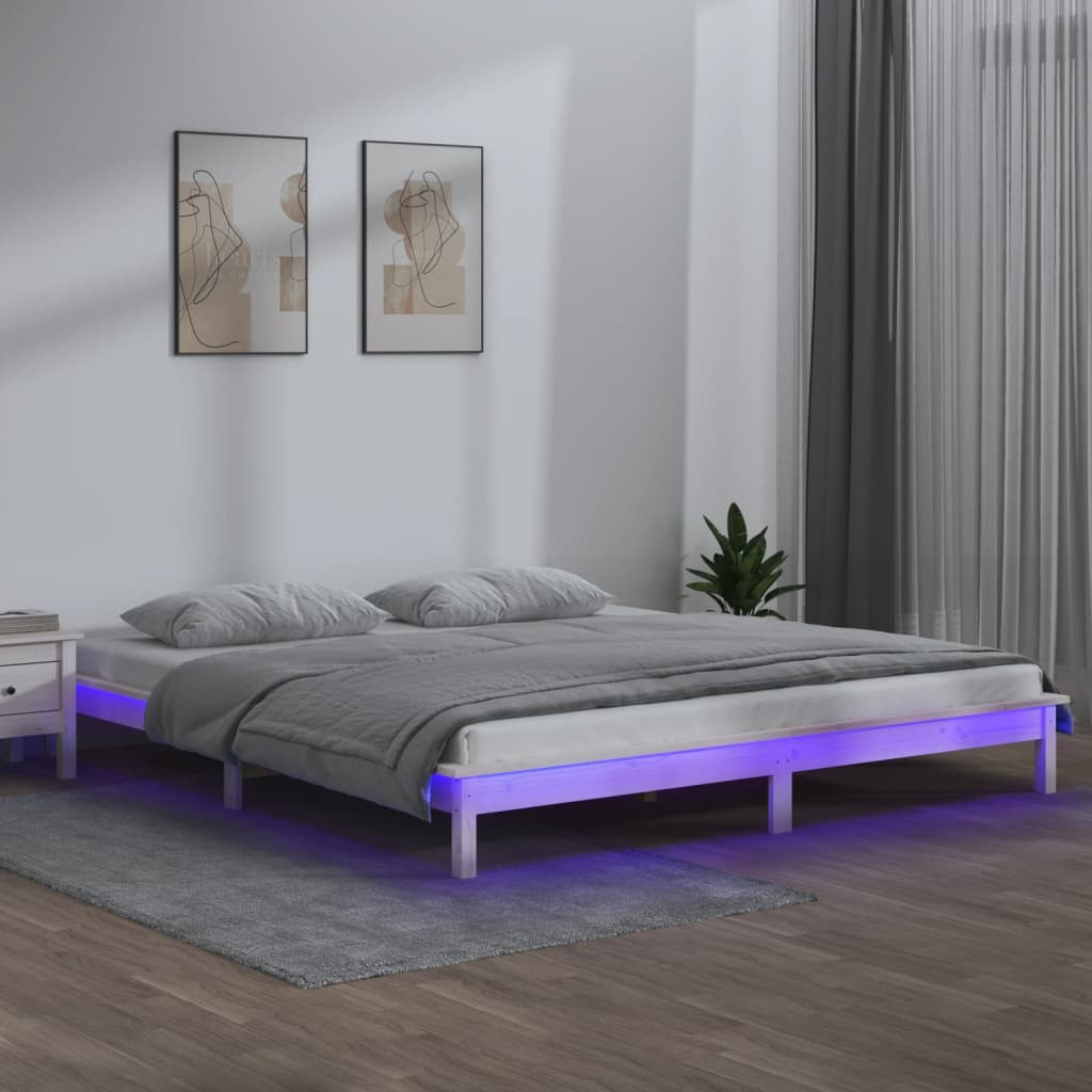 Cadru de pat cu LED, alb, 160x200 cm, lemn masiv - Lando