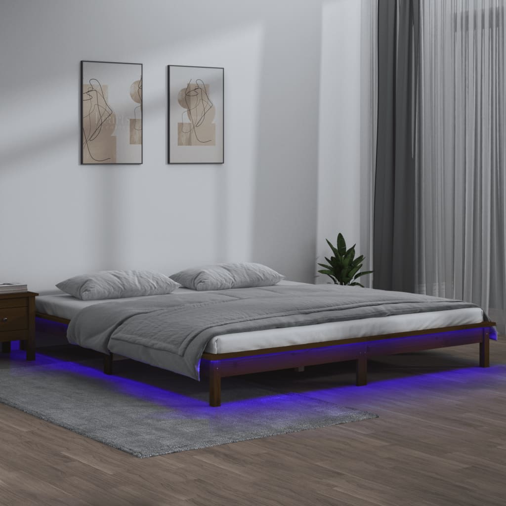 Cadru de pat cu LED, maro miere, 160x200 cm, lemn masiv - Lando