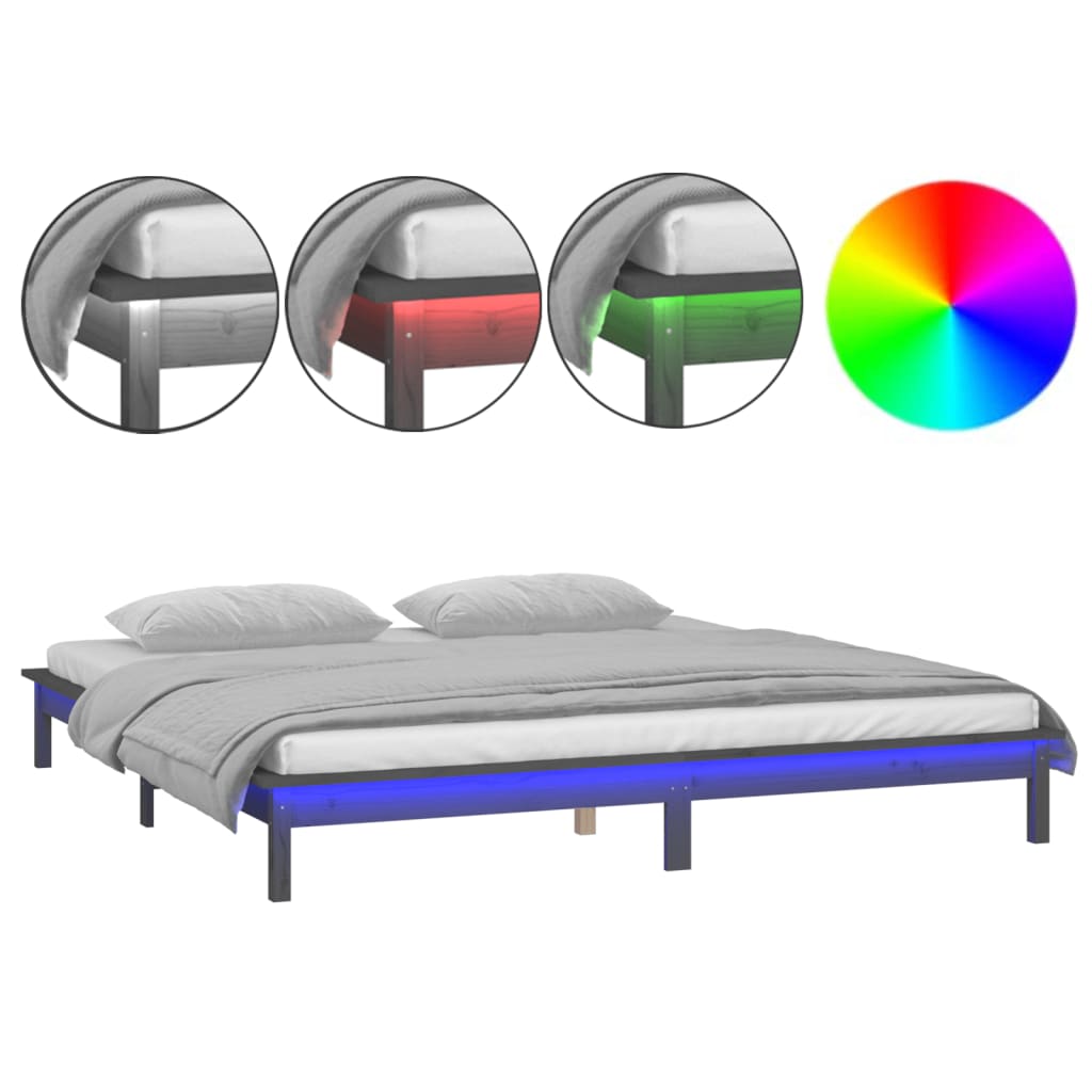Cadru de pat cu LED, gri, 200x200 cm, lemn masiv - Lando