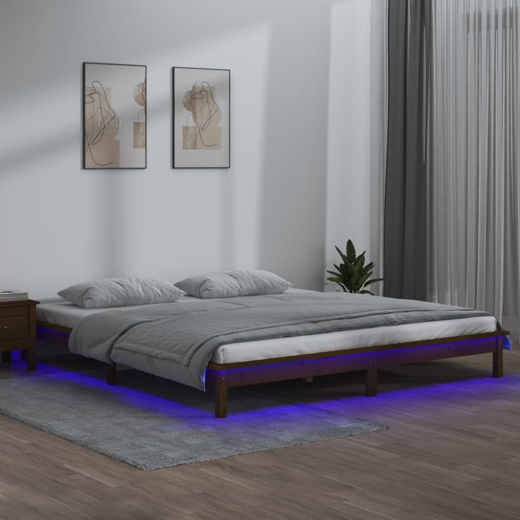 Cadru de pat cu LED, maro miere, 200x200 cm, lemn masiv - Lando