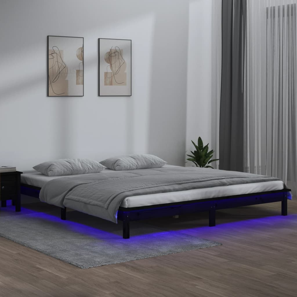 Cadru de pat cu LED, negru, 200x200 cm, lemn masiv - Lando